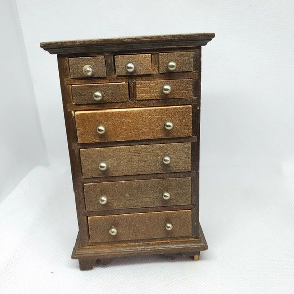 Life Like Real Dark Wood 9 Draw Mini Doll House Dresser Home Décor Shelf Sitter - Picture 1 of 12